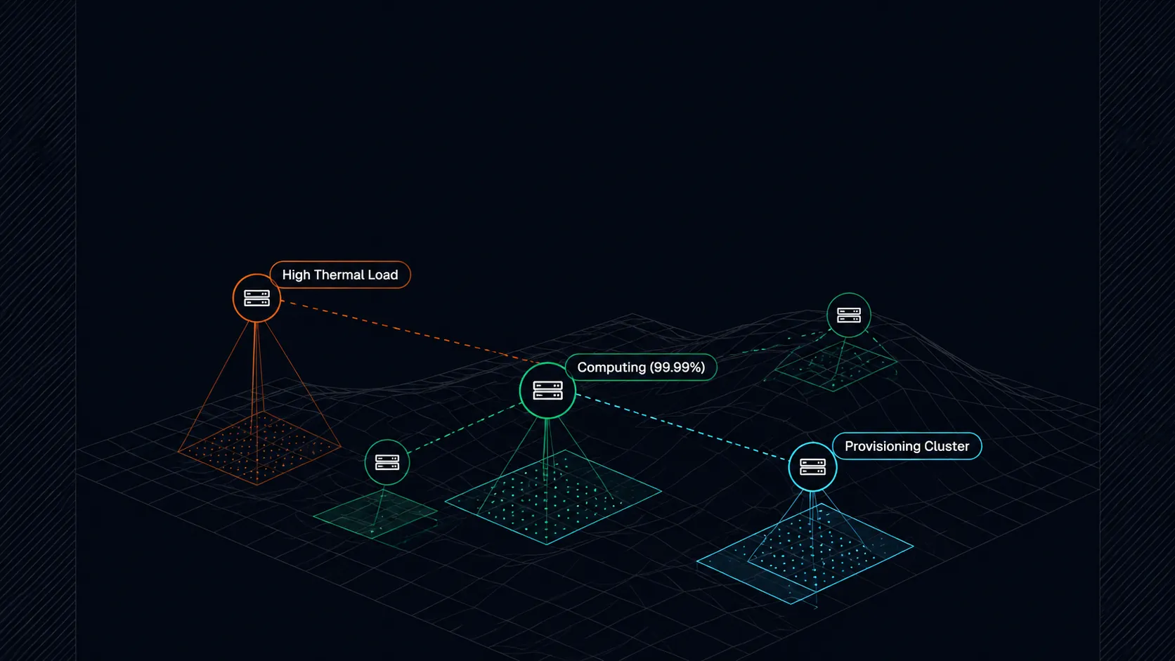 3D Terrain Wireframe Telemetry with Beacons (High Thermal Load, Computing 99.99%, Provisioning Cluster)